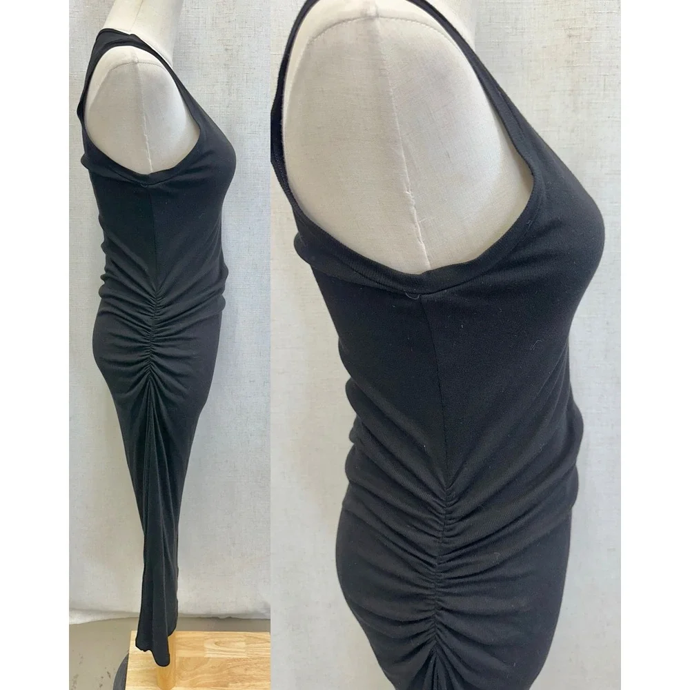 James Perse Tencel Solid Black Ruched Midi Dress Womens Size 3 Minimalist LBD